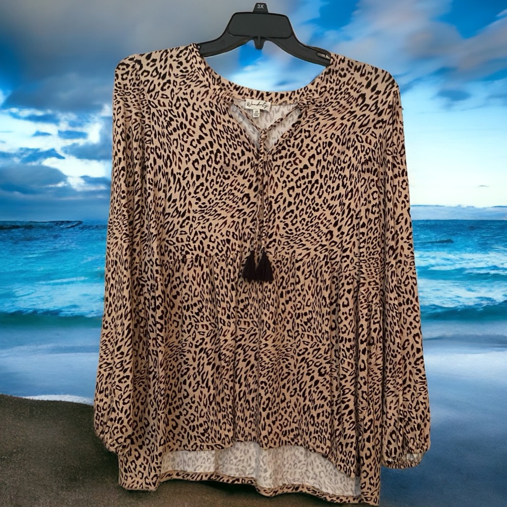 Wonderly blouse size 2X with brown leopard print, long sleeved